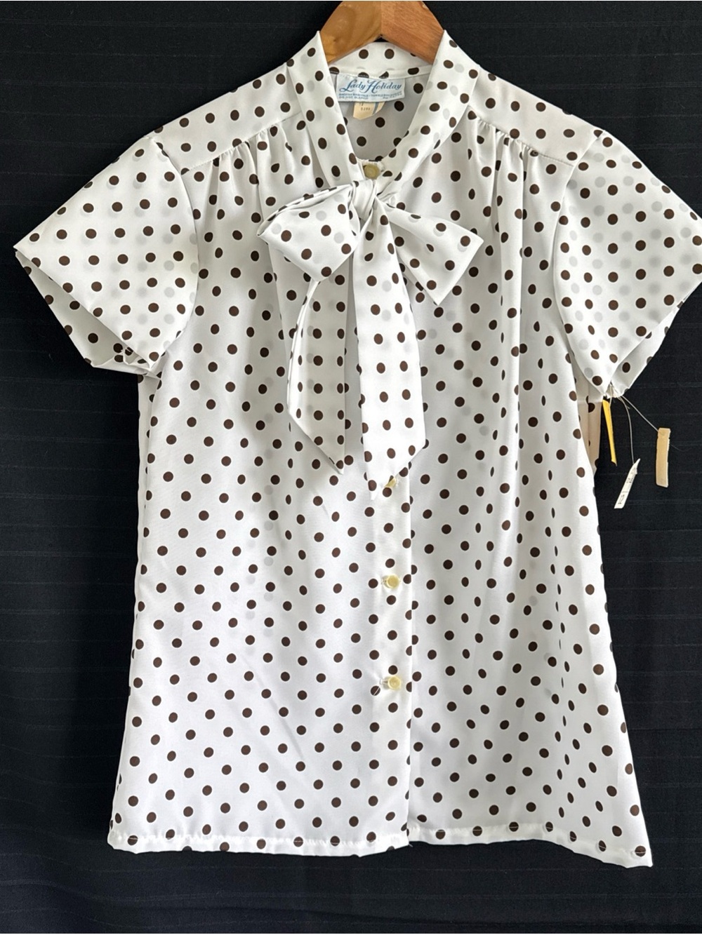 New Lady Holiday White Brown Polka Dot Blouse Tie Collar 12 Vintage Secretary